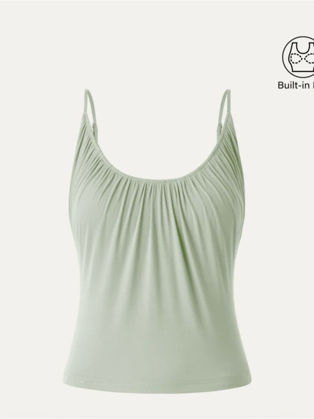 OGL Green Gathered Scoop Neck Cami with Adjustable Straps and Built in Bra.